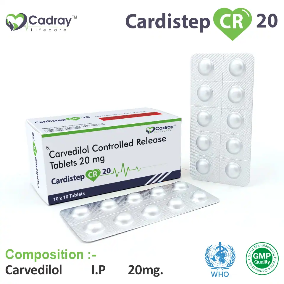 Cardistep CR 20 Tablet with Carvedilol 20mg (Controlled Release) supports hypertension & heart failure treatment. WHO GMP certified, available for PCD pharma franchise at the best price.